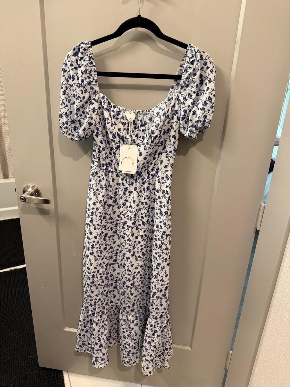 Commense White and Blue Floral Square-Neck Midi Dress